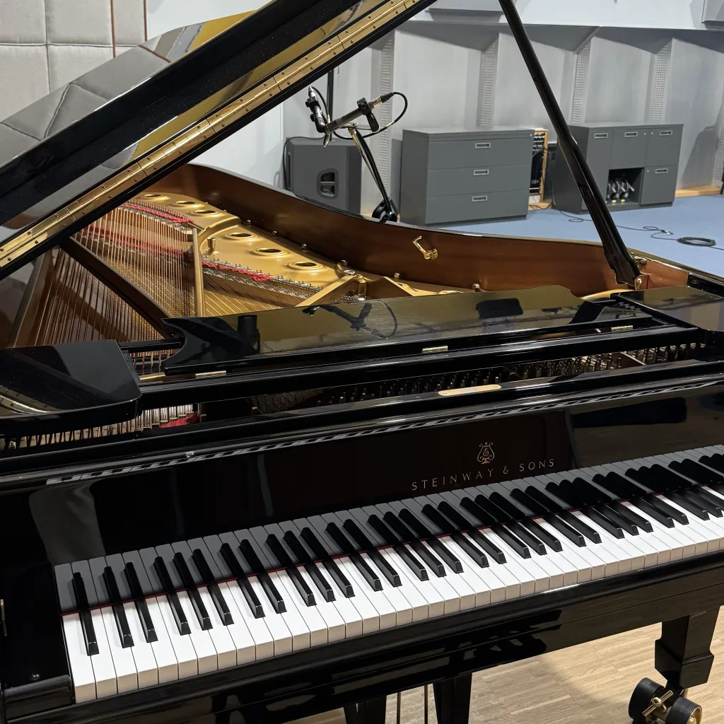Zbliżenie klawiszy Steinwaya z mikrofonem nagraniowym nad strunami